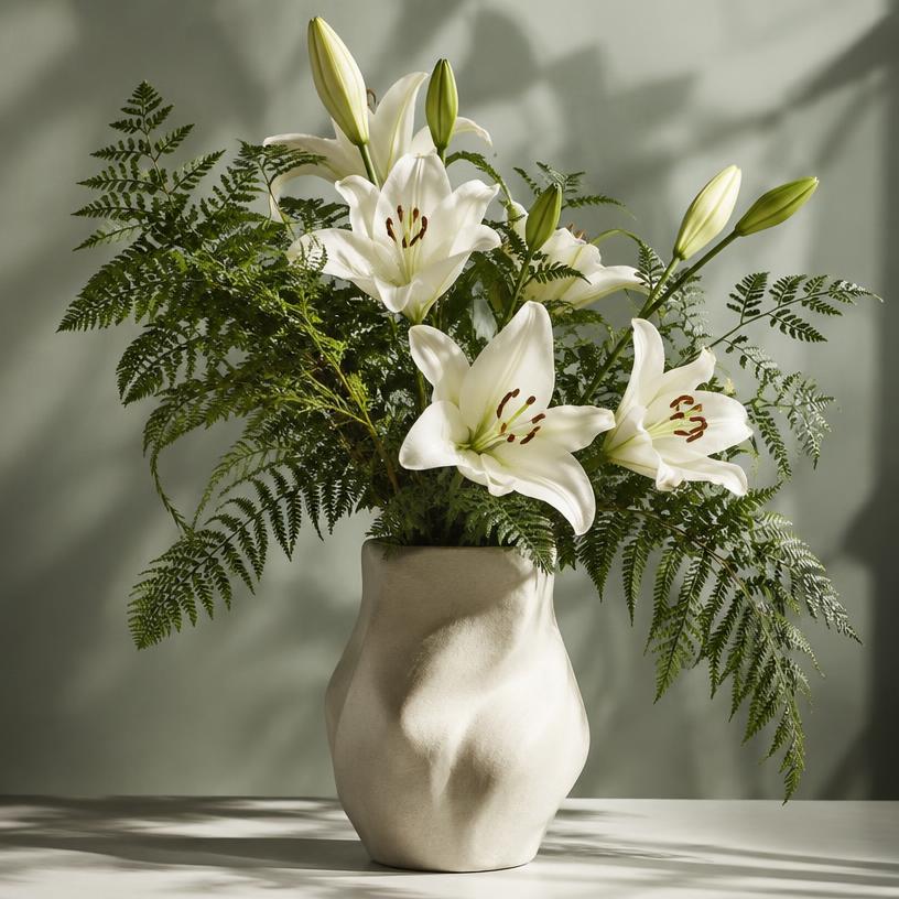 White lily and fern condolence arrangement